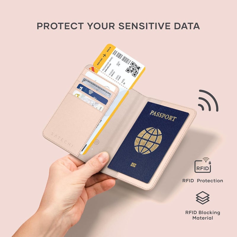 SATECHI Passport Holder for Travel with Find My, Passport Cover with 4 Card Holder, Wireless Charging, and RFID protection – Travel Essential Vegan Leather Passport – Desert Rose - Image 5